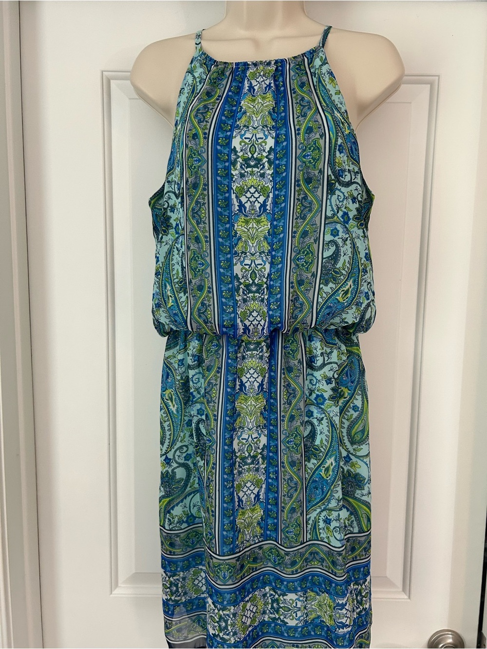 Sleeveless Blue & Green Paisley Halter Dress